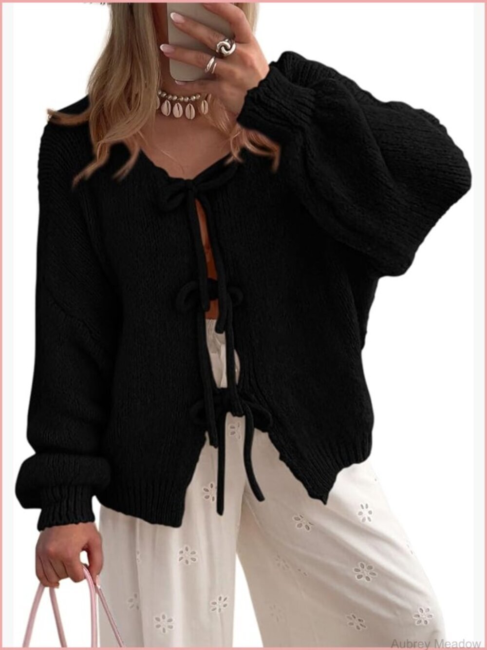 Chunky Knit Tie Front Bow Cardigan Sweater Coat Long Puff Sleeve